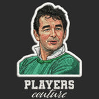 Brian Clough Badge Men's T-Shirt – black close-up detail shot of the Brian Clough Players Couture logo design