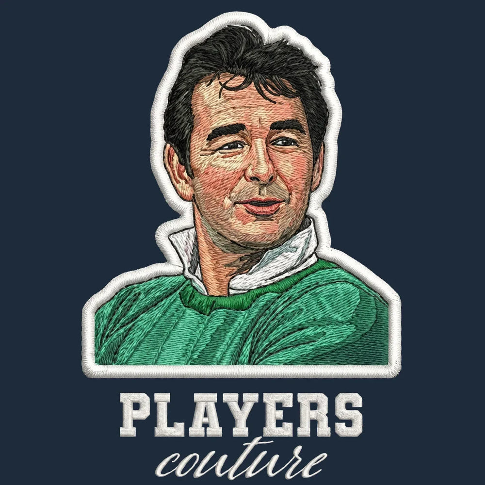 Brian Clough Badge Men's T-Shirt – navy close-up detail shot of the Brian Clough Players Couture logo design