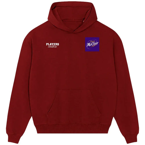 Brian McClair hoodie – red men's hoodie featuring the Brian McClair Players Couture logo