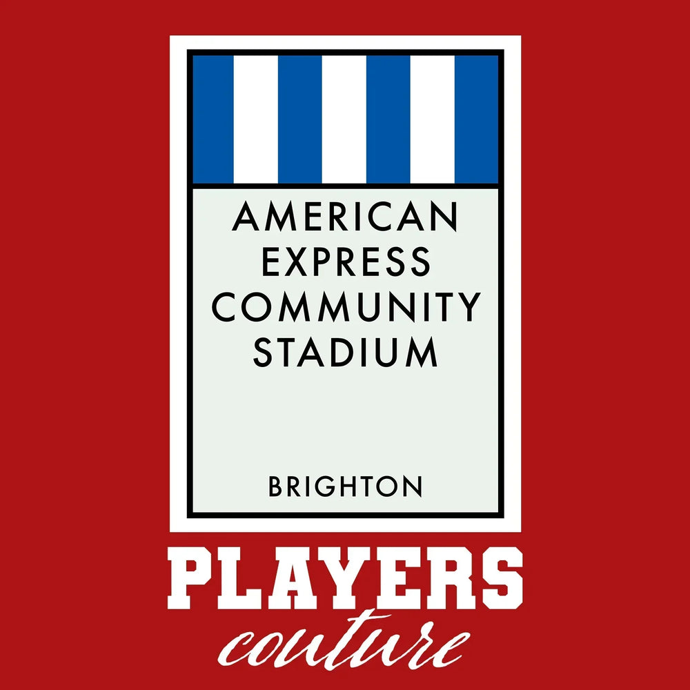 Brighton & Hove Albion Monopoly Card t-shirt – red men's t-shirt with white Brighton & Hove Albion Monopoly Card letters and
