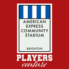 Brighton & Hove Albion Monopoly Card t-shirt – red men's t-shirt with white Brighton & Hove Albion Monopoly Card letters and
