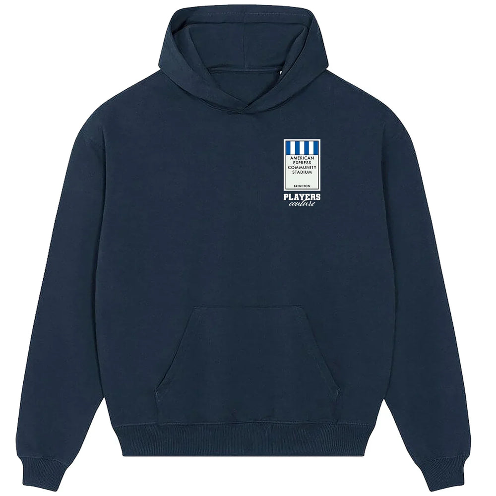 Brighton & Hove Albion Monopoly Card hoodie – red men's hoodie with white Brighton & Hove Albion Monopoly Card letters and