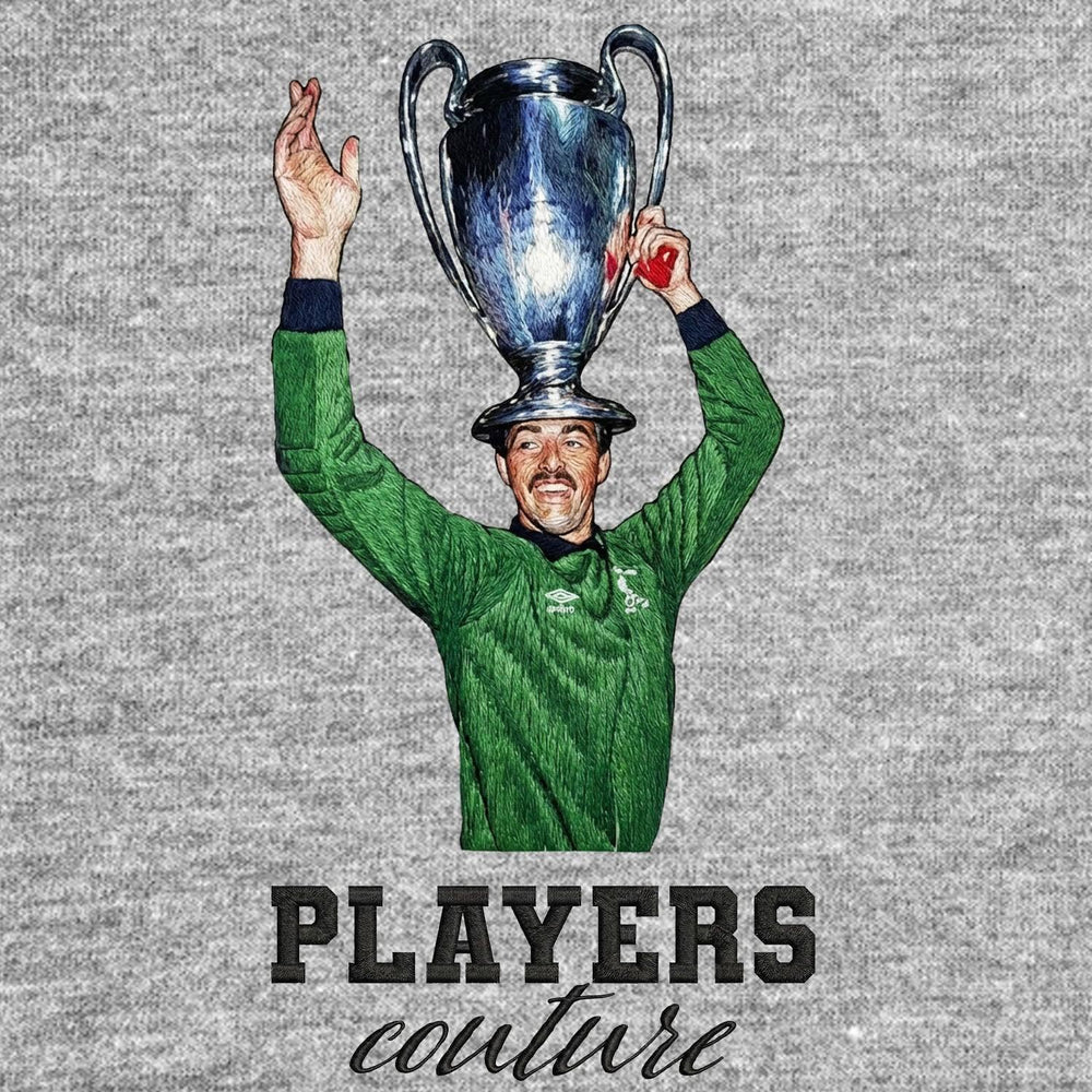 Bruce Grobbelaar Badge Men's T-Shirt – grey close-up detail shot of the Bruce Grobbelaar Players Couture logo design