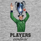 Bruce Grobbelaar Badge Men's T-Shirt – grey close-up detail shot of the Bruce Grobbelaar Players Couture logo design