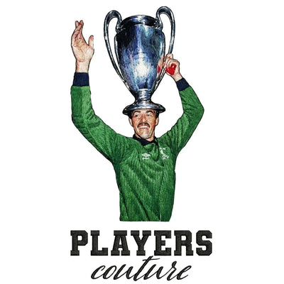 Bruce Grobbelaar Badge Men's T-Shirt – white close-up detail shot of the Bruce Grobbelaar Players Couture logo design