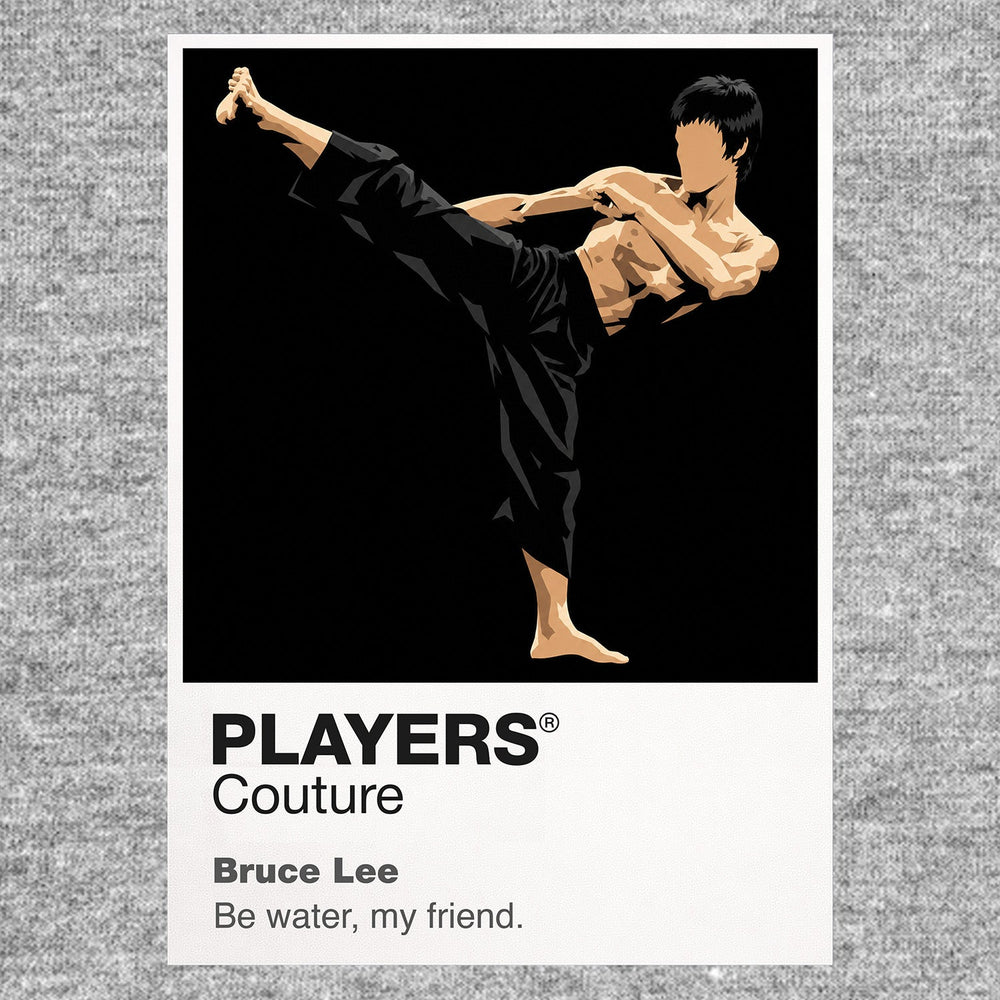 Bruce Lee Bruce Lee's fighting stance, controlled speed and yellow-black action-cinema silhouette Icon Frame artwork in grey