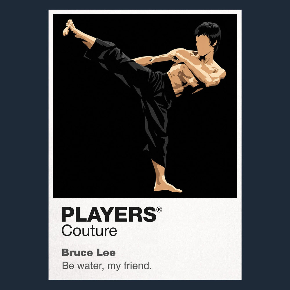 Bruce Lee Bruce Lee's fighting stance, controlled speed and yellow-black action-cinema silhouette Icon Frame artwork in navy