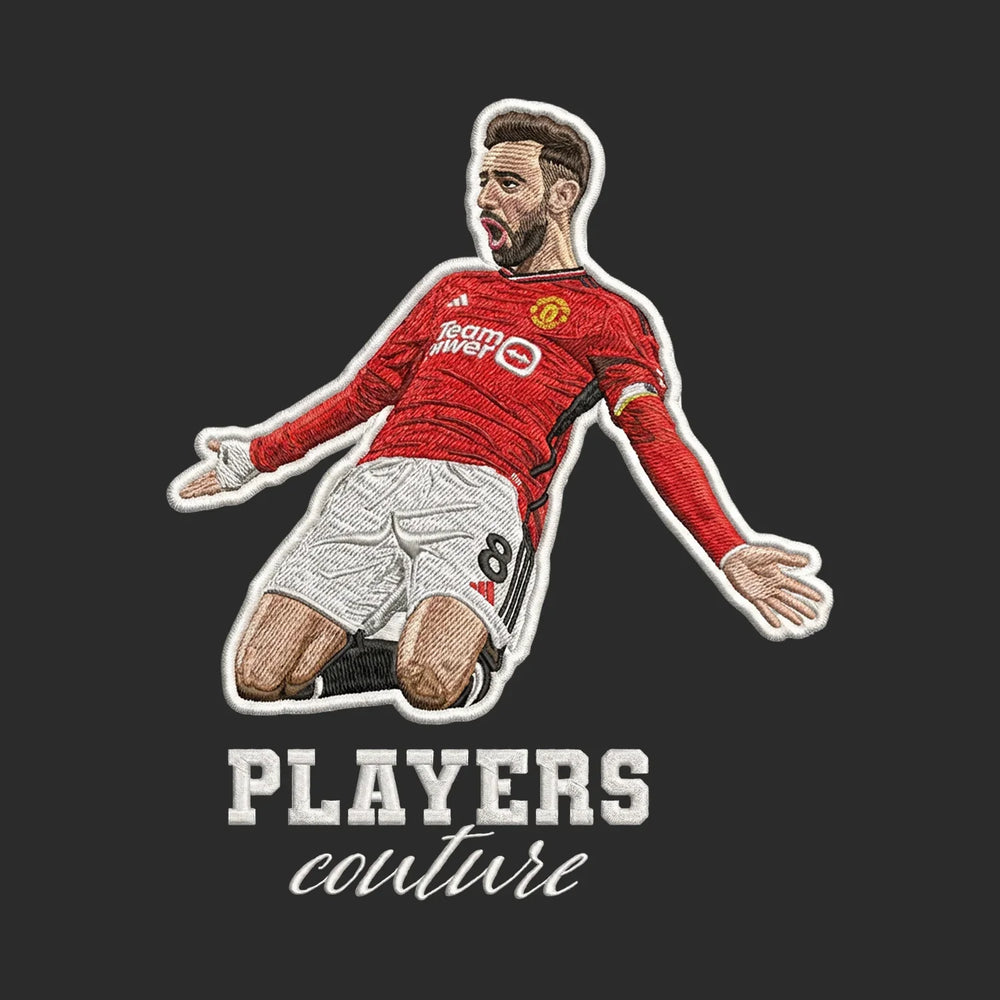 Bruno Fernandes Badge Men's Hoodie – white close-up detail shot of the Bruno Fernandes Players Couture logo design