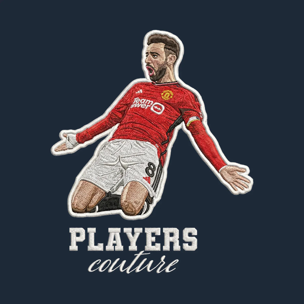 Bruno Fernandes Badge Men's Hoodie – white close-up detail shot of the Bruno Fernandes Players Couture logo design