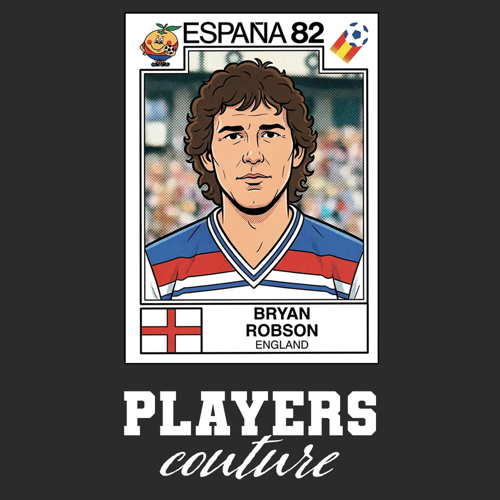 Bryan Robson 82 World Cup Sticker Men's T-Shirt – black close-up detail shot of the Bryan Robson 82 World Cup Players