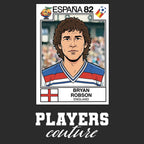 Bryan Robson 82 World Cup Sticker Men's T-Shirt – black close-up detail shot of the Bryan Robson 82 World Cup Players