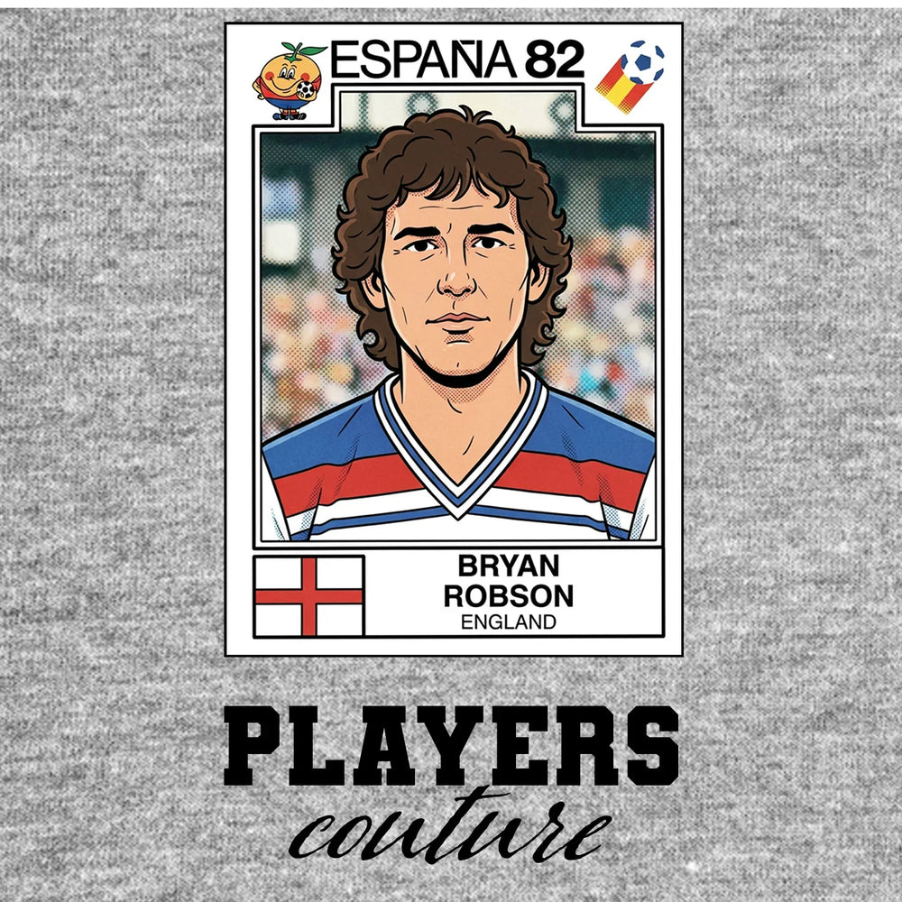Bryan Robson 82 World Cup Sticker Men's T-Shirt – grey close-up detail shot of the Bryan Robson 82 World Cup Players Couture