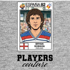 Bryan Robson 82 World Cup Sticker Men's T-Shirt – grey close-up detail shot of the Bryan Robson 82 World Cup Players Couture