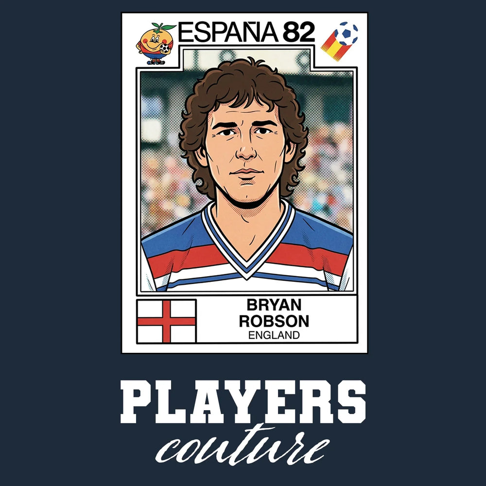 Bryan Robson 82 World Cup Sticker Men's T-Shirt – navy close-up detail shot of the Bryan Robson 82 World Cup Players Couture
