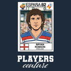Bryan Robson 82 World Cup Sticker Men's T-Shirt – navy close-up detail shot of the Bryan Robson 82 World Cup Players Couture