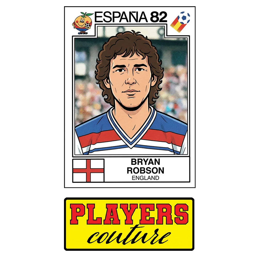 Bryan Robson 82 World Cup Sticker Men's T-Shirt – close-up detail shot of the Bryan Robson 82 World Cup Players Couture logo