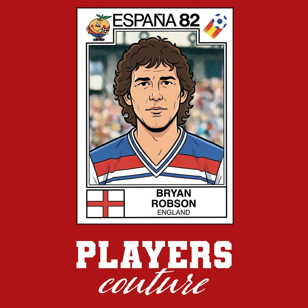 Bryan Robson 82 World Cup Sticker Men's T-Shirt – red close-up detail shot of the Bryan Robson 82 World Cup Players Couture