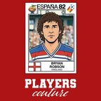 Bryan Robson 82 World Cup Sticker Men's T-Shirt – red close-up detail shot of the Bryan Robson 82 World Cup Players Couture