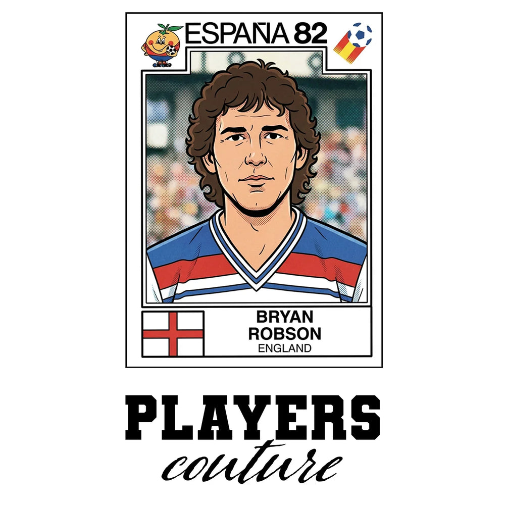 Bryan Robson 82 World Cup Sticker Men's T-Shirt – white close-up detail shot of the Bryan Robson Players Couture logo design