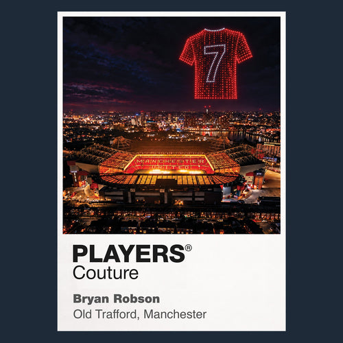 Bryan Robson Manchester United number 7 Icons in Lights Frame artwork in navy