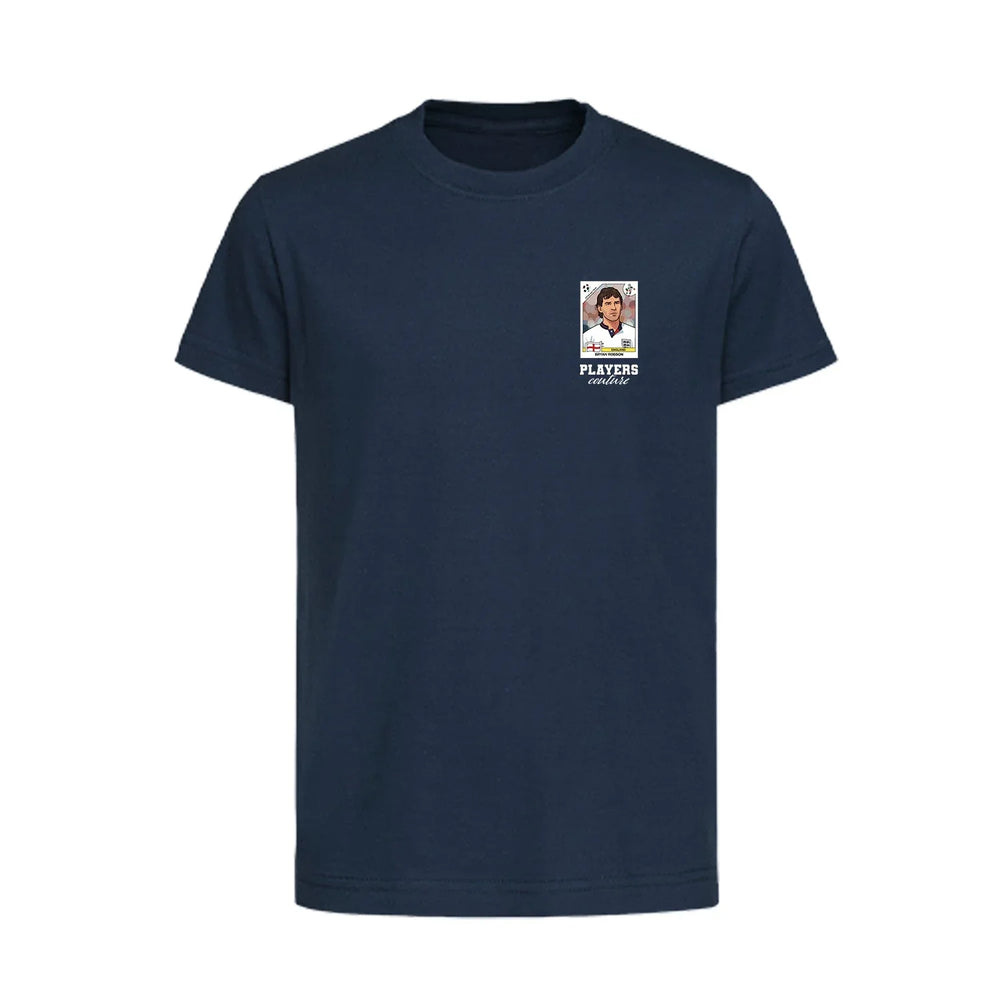 Bryan Robson World Cup Sticker Kids T-Shirt – bryan robson sticker kids navy tshirt Players Couture design