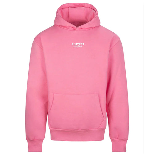 Essentials Collection hoodie – pink men's hoodie with black Essentials Collection letters and Players Couture logo on the