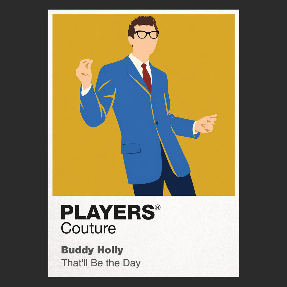 Buddy Holly Buddy Holly's dark-rimmed glasses, hollow-body guitar and clean 1950s silhouette Icon Frame artwork in black
