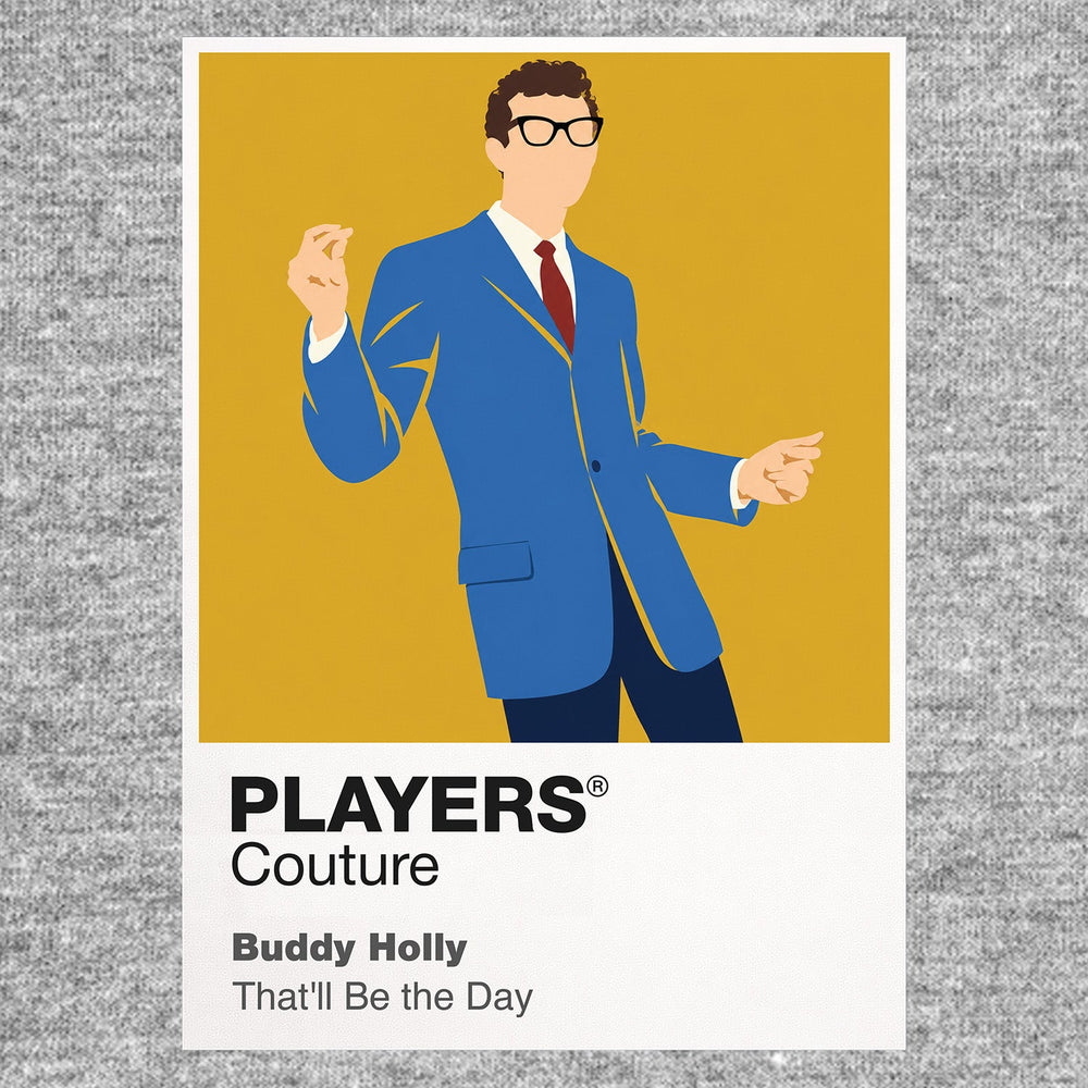 Buddy Holly Buddy Holly's dark-rimmed glasses, hollow-body guitar and clean 1950s silhouette Icon Frame artwork in grey