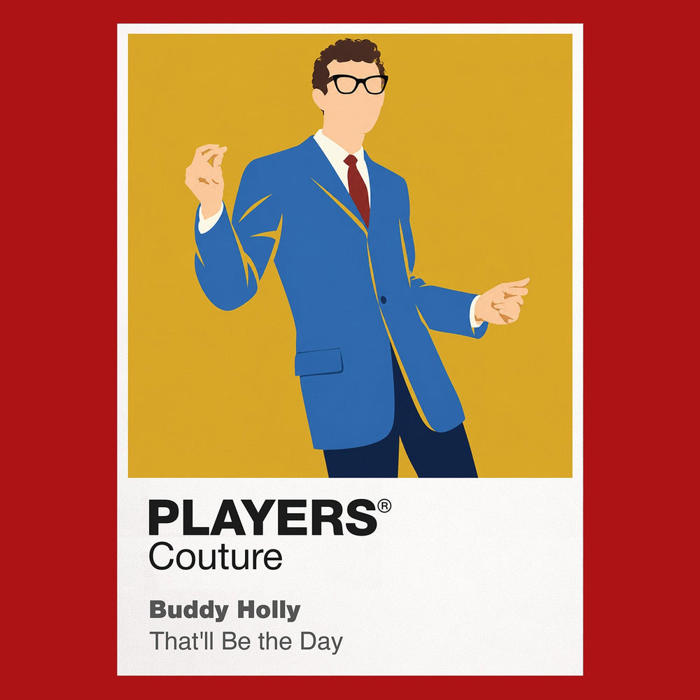 Buddy Holly Buddy Holly's dark-rimmed glasses, hollow-body guitar and clean 1950s silhouette Icon Frame artwork in red