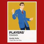 Buddy Holly Buddy Holly's dark-rimmed glasses, hollow-body guitar and clean 1950s silhouette Icon Frame artwork in red