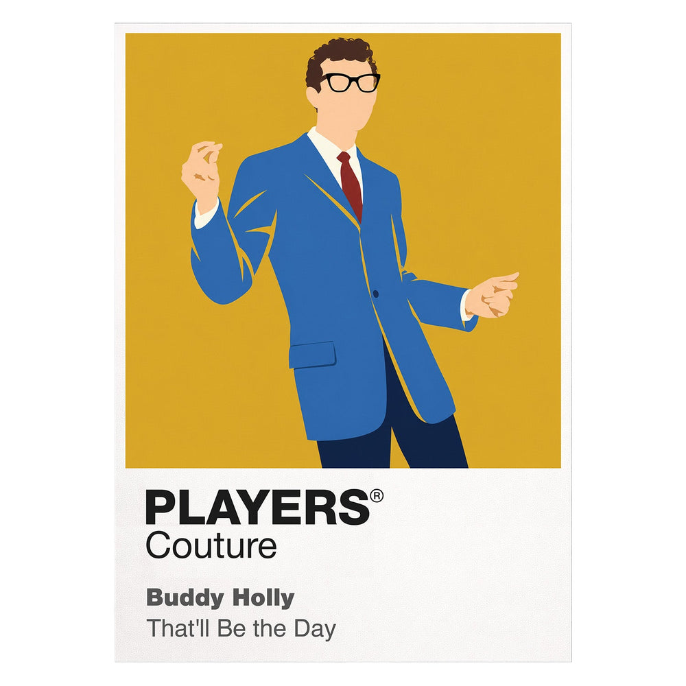 Buddy Holly Buddy Holly's dark-rimmed glasses, hollow-body guitar and clean 1950s silhouette Icon Frame artwork on white