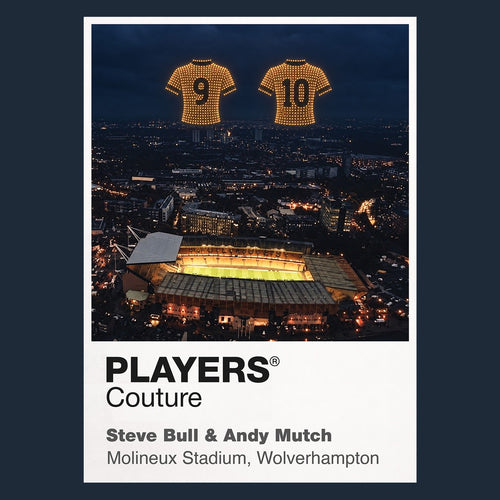Steve Bull and Andy Mutch Wolves Icons in Lights Frame artwork in navy
