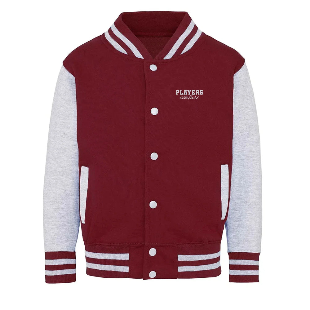 Essentials Collection hoodie – burgundy kids' hoodie with white Essentials Collection letters and Players Couture logo on
