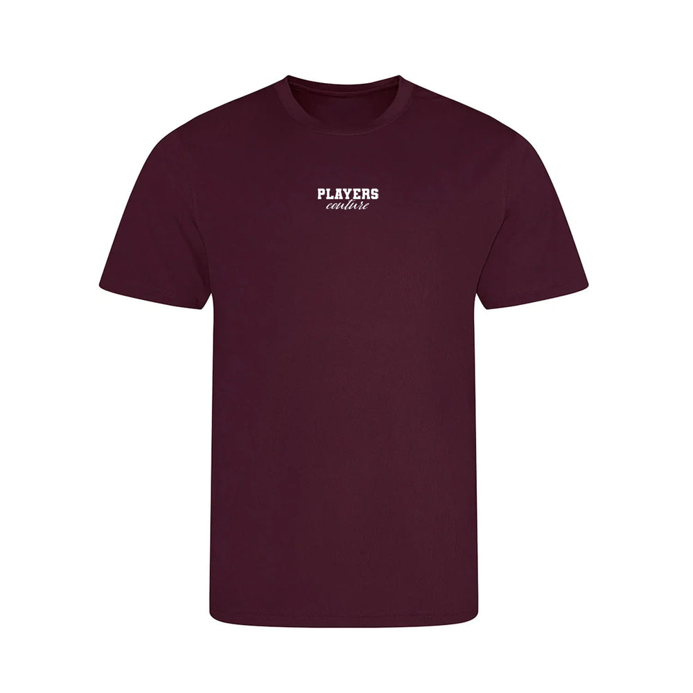 Essentials Collection t-shirt – burgundy kids' t-shirt with white Essentials Collection letters and Players Couture logo on
