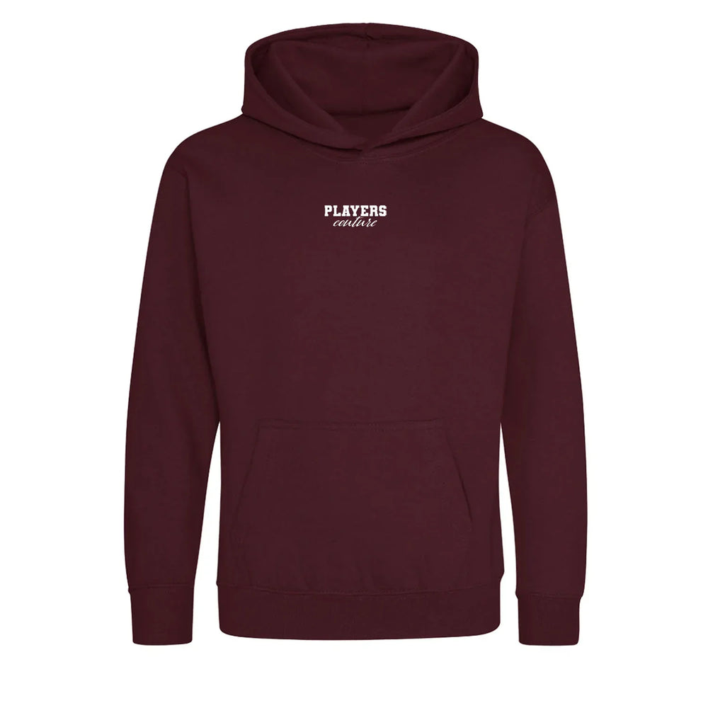 Essentials Collection hoodie – burgundy kids' hoodie with white Essentials Collection letters and Players Couture logo on