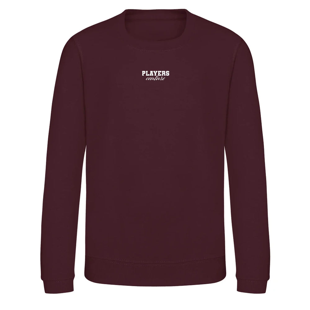 Essentials Collection hoodie – burgundy kids' hoodie with white Essentials Collection letters and Players Couture logo on