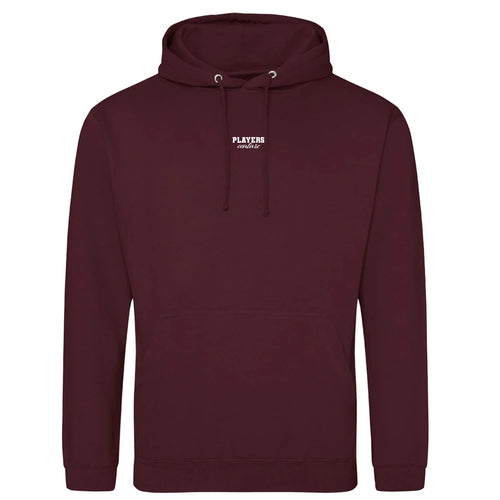 Essentials Collection hoodie – burgundy men's hoodie with white Essentials Collection letters and Players Couture logo on