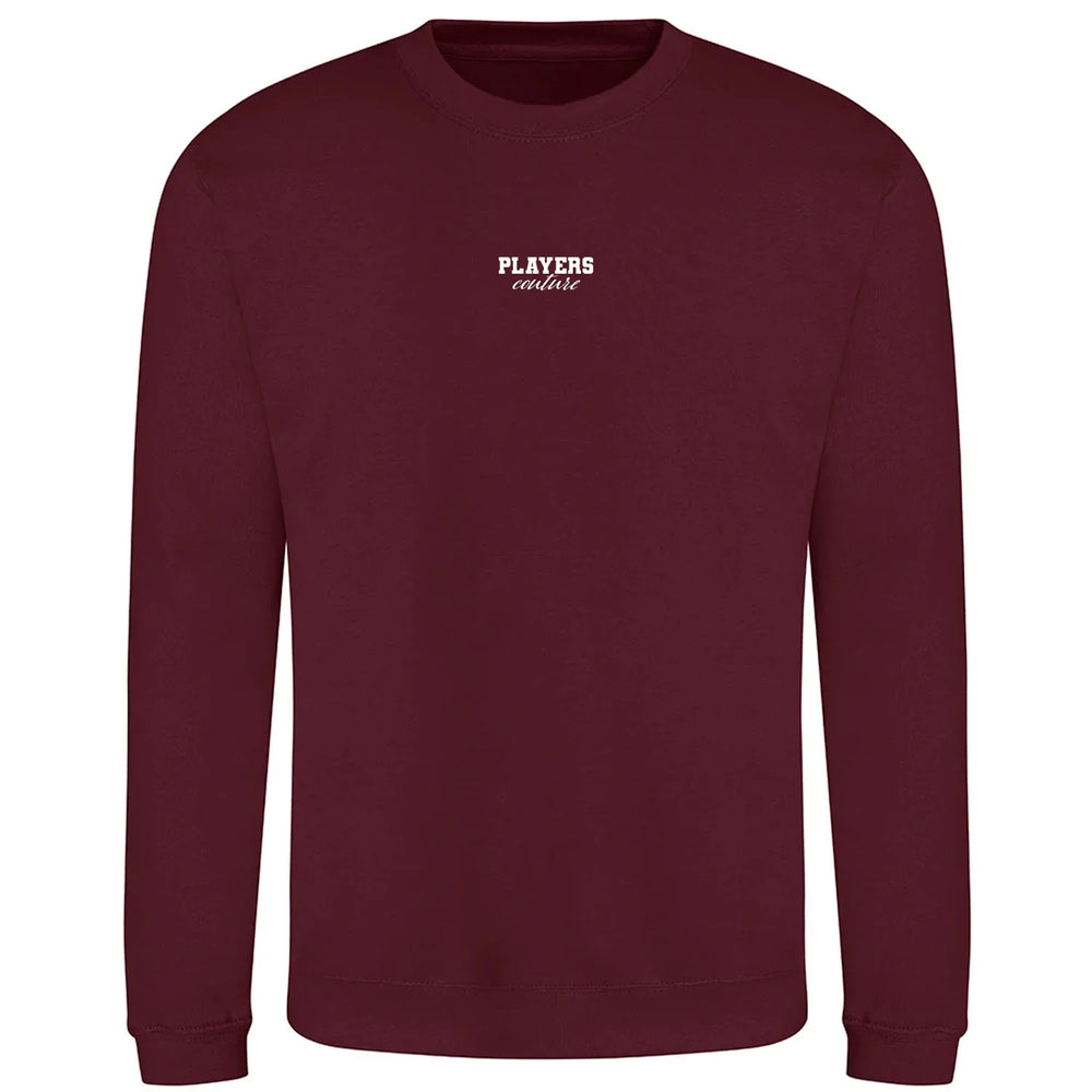 Essentials Collection hoodie – burgundy men's hoodie with white Essentials Collection letters and Players Couture logo on