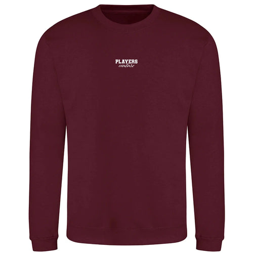 Essentials Collection hoodie – burgundy men's hoodie with white Essentials Collection letters and Players Couture logo on
