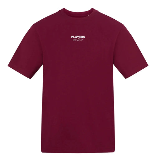 Essentials Collection t-shirt – burgundy men's t-shirt with white Essentials Collection letters and Players Couture logo on