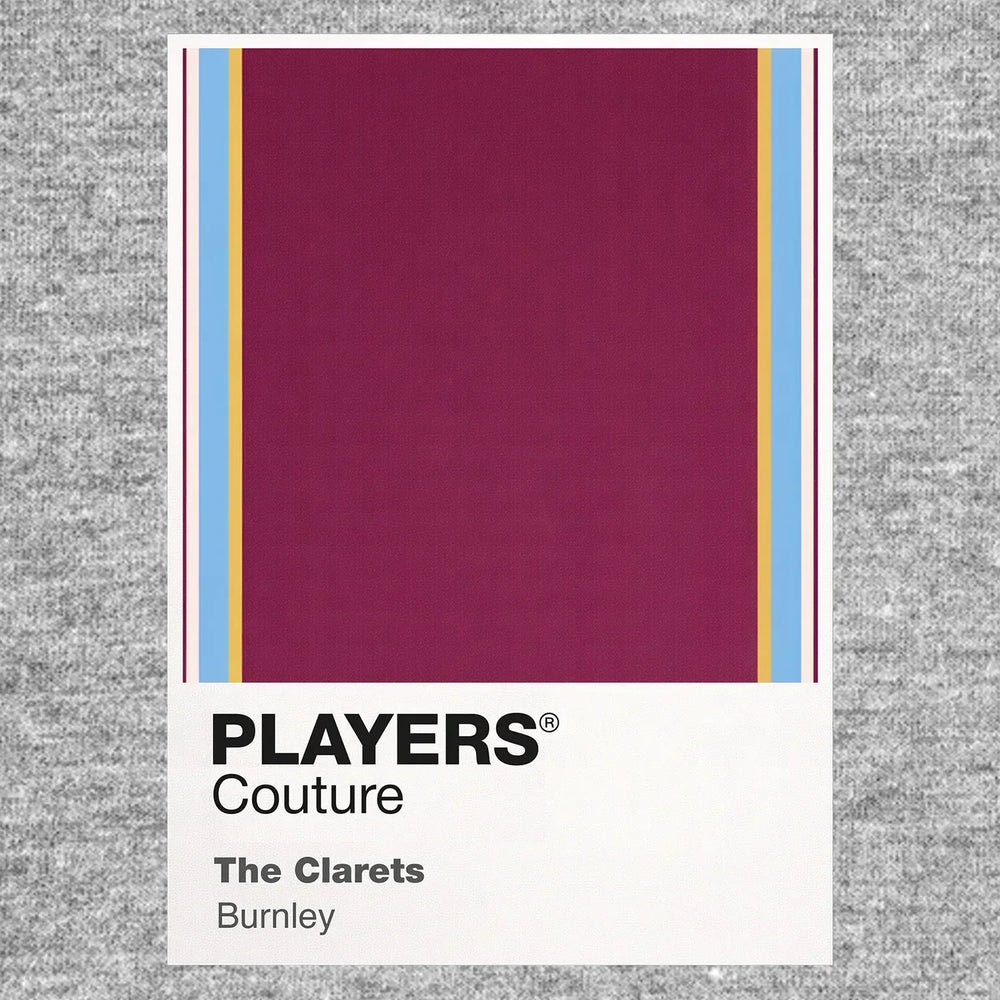 Burnley Classic Football Shirt Colours Frame Men's T-Shirt – grey close-up detail shot of the Burnley Players Couture logo