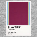 Burnley Classic Football Shirt Colours Frame Men's T-Shirt – grey close-up detail shot of the Burnley Players Couture logo
