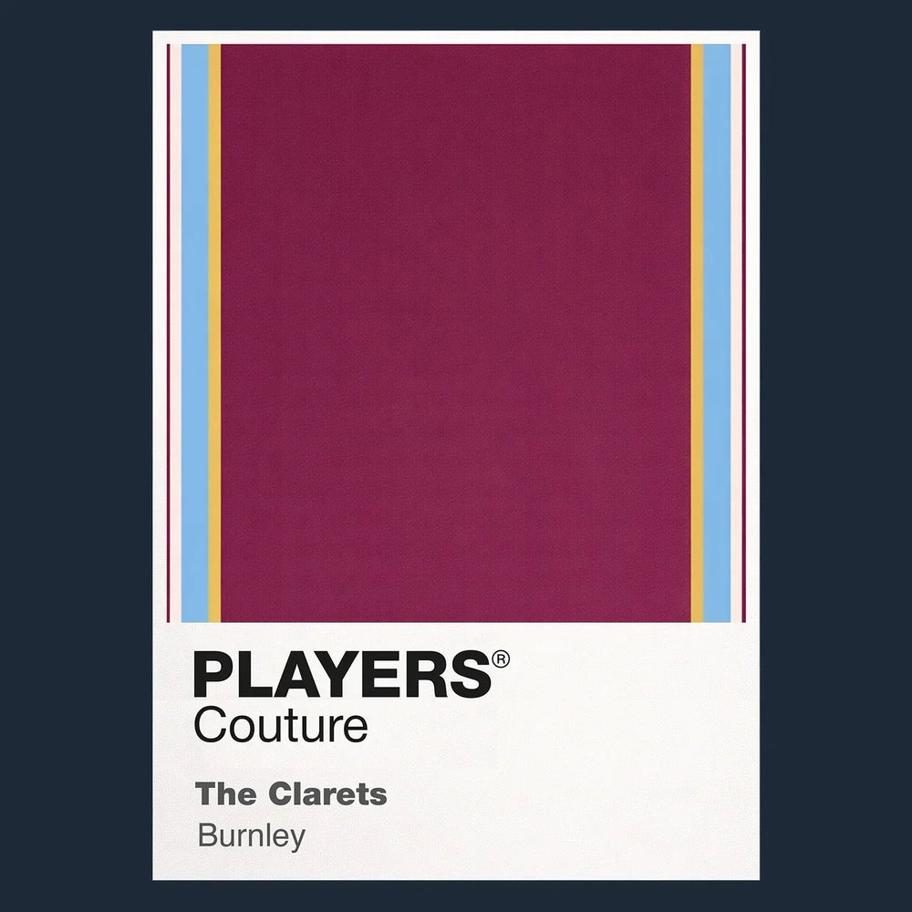 Burnley Classic Football Shirt Colours Frame Men's T-Shirt – navy close-up detail shot of the Burnley Players Couture logo