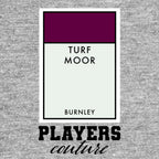 Burnley Monopoly Card t-shirt – grey men's t-shirt with black Burnley Monopoly Card letters and Players Couture logo on the
