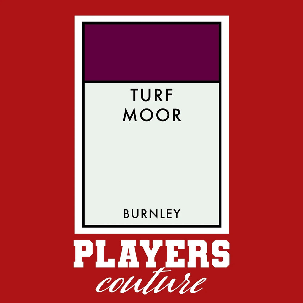Burnley Monopoly Card t-shirt – red men's t-shirt with white Burnley Monopoly Card letters and Players Couture logo on the