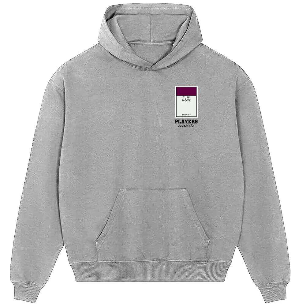 Burnley Monopoly Card hoodie – close-up of white Burnley Monopoly Card lettering and Players Couture logo on the chest
