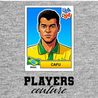 Cafu World Cup Sticker Men's T-Shirt – grey close-up detail shot of the Cafu World Cup Players Couture logo design