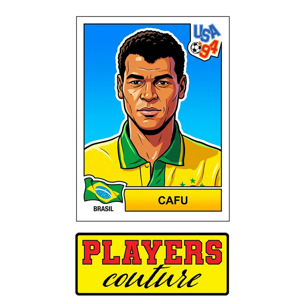 Cafu World Cup Sticker Men's T-Shirt – close-up detail shot of the Cafu World Cup Players Couture logo design