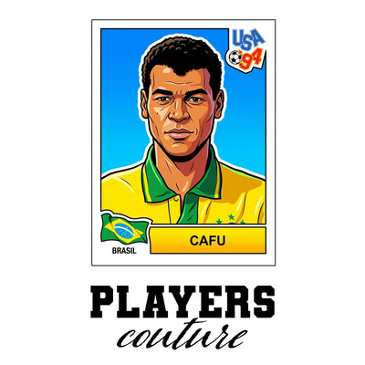 Cafu World Cup Sticker Men's T-Shirt – white close-up detail shot of the Cafu Players Couture logo design