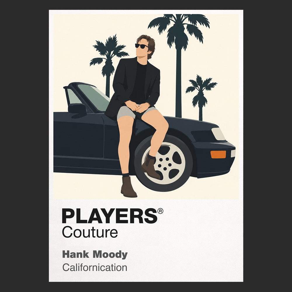 Hank Moody Hank Moody in black shirt and sunglasses beside his Porsche in Los Angeles Icon Frame artwork in black